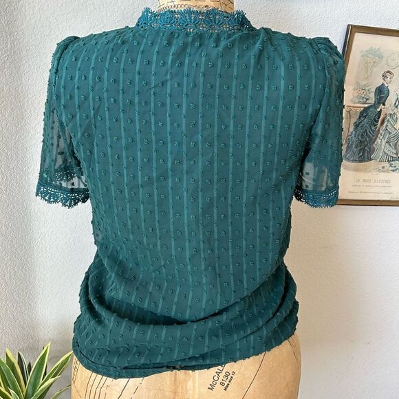 Boutique Dark Green Lace Trim sheer Polka Dot Stripe Blouse sz S Trendy - Picture 5 of 6